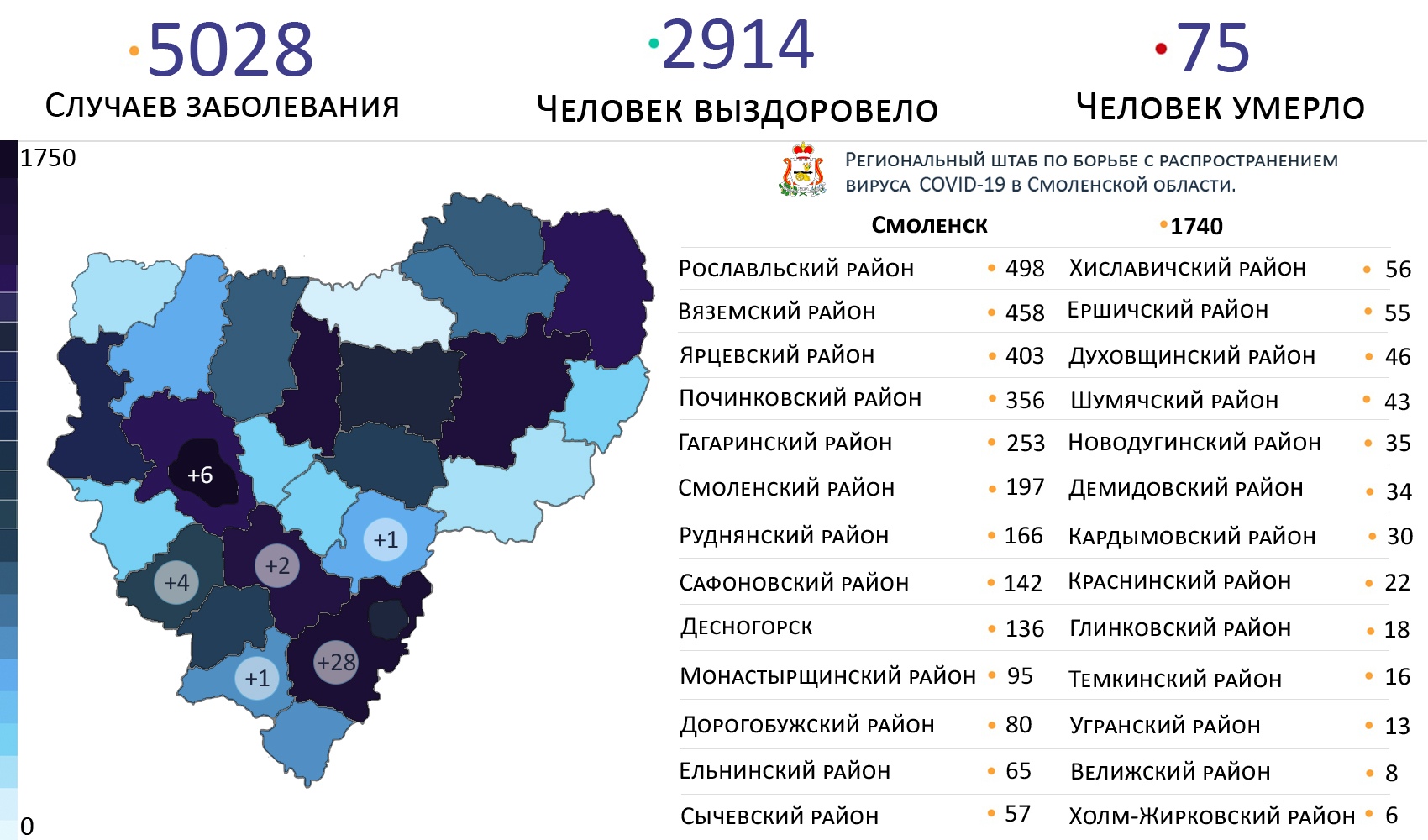 Карта распространения коронавируса в Смоленской области по районам